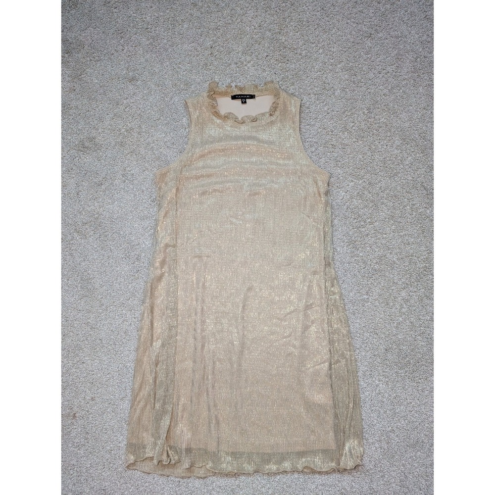 Tahari Dress Women S Gold Metallic Ruffle Neck Sleeveless Shift USA | Nightlux